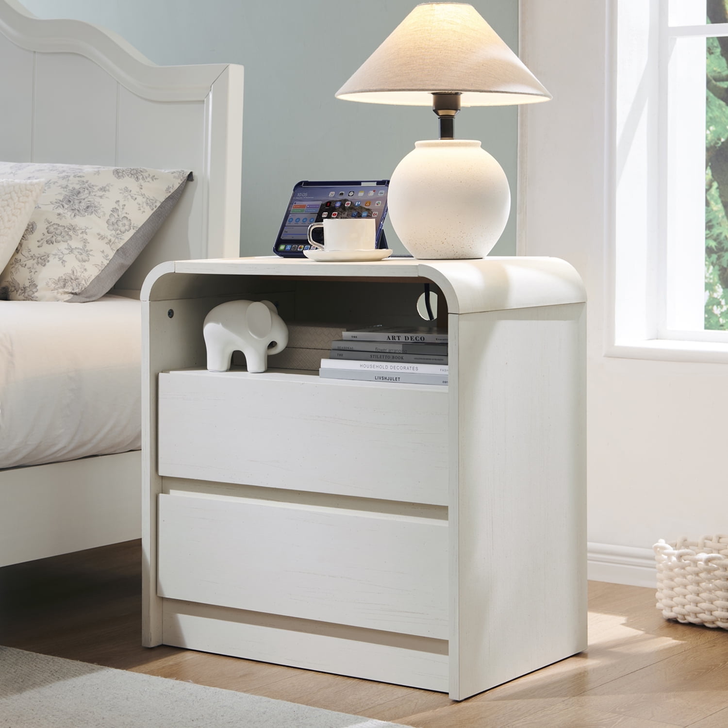 wow97e 2 Drawers Bedside Table, Modern Nightstand with Charging Station, Curved Profile Design, Mid Century End Table for Bedroom, Living Room