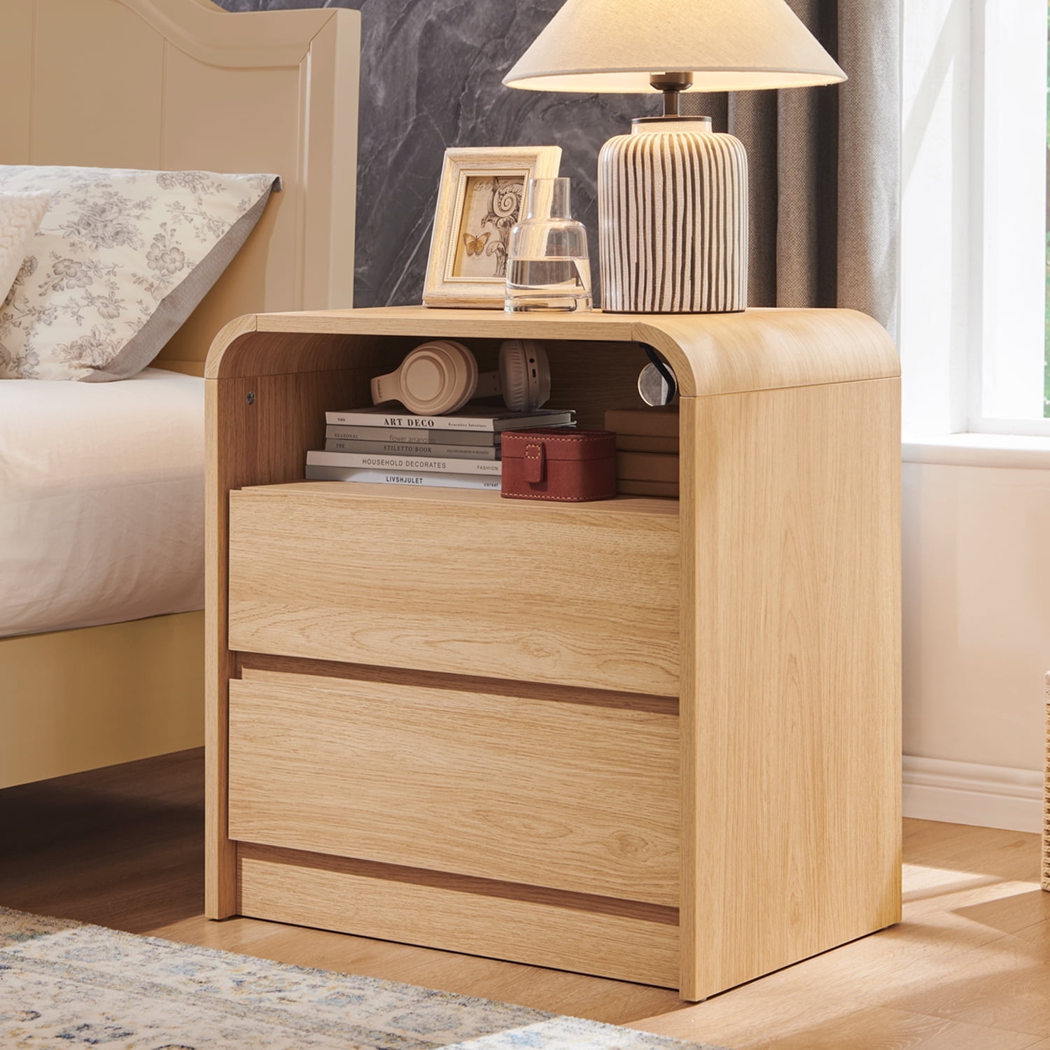 wow97e 2 Drawers Bedside Table, Modern Nightstand with Charging Station, Curved Profile Design, Mid Century End Table for Bedroom, Living Room