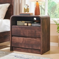 wow97e 2 Drawers Bedside Table, Modern Nightstand with Charging Station, Curved Profile Design, Mid Century End Table for Bedroom, Living Room