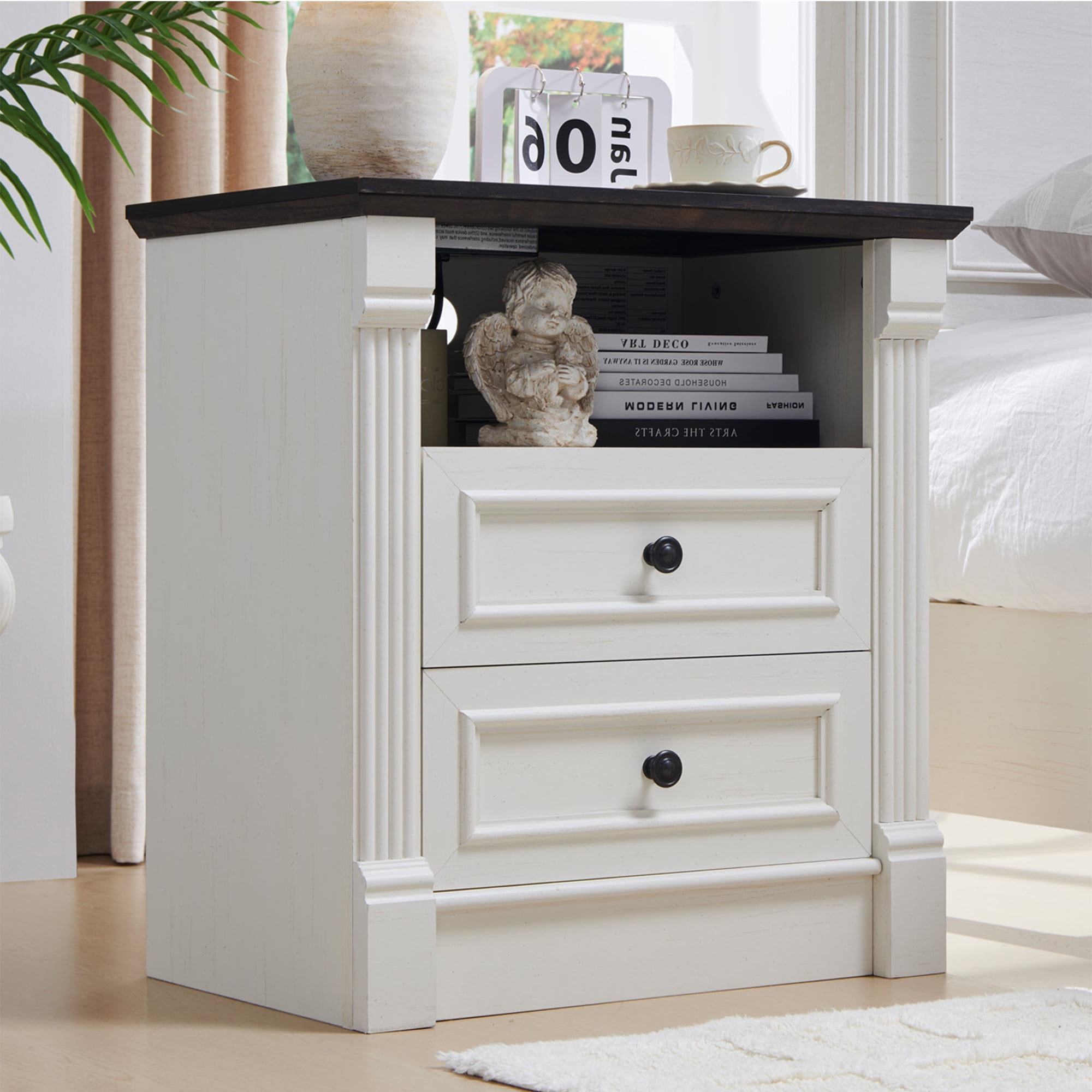 wow97e 2 Drawers Dresser for Bedroom, 26" Tall Farmhouse Nightstand with Charging Station, Wood Rustic Side Table w/Roman Column for Bedroom, Living Room