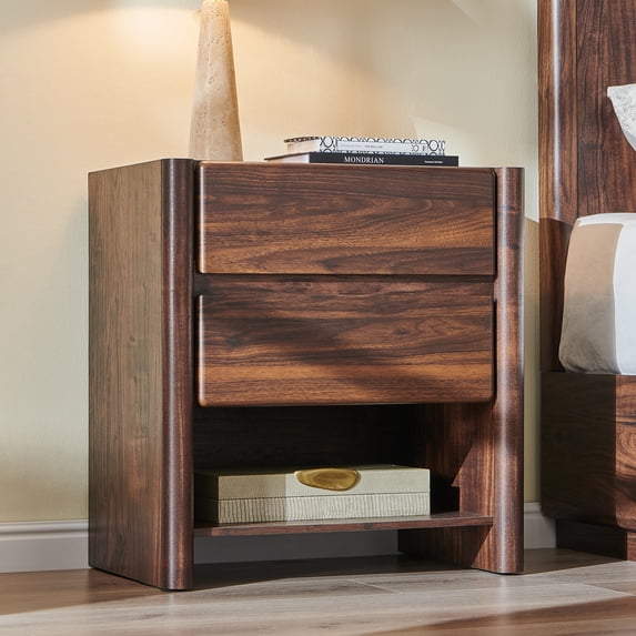 Aitjunz 2 Drawers Modern Nightstand for Bedroom, 25" Tall Night Stand with Charging Station & Open Shelf, Rounded Corner Design, Brown