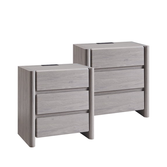 wow97e 25" Tall Nightstand set of 2 for Bedroom, Wood End Table with Charging Station & 3 Storage Drawers, Modern Bedside Table w/Rounded Corner Design for Bedroom, Living Room