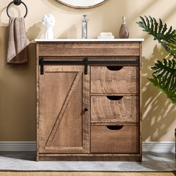 wow97e 30" Farmhouse Bathroom Vanity with Sink, Freestanding Vanity Cabinet with Sliding Barn Door, Wood Bathroom Cabinet with 3 Drawers & Adjustable Shelves