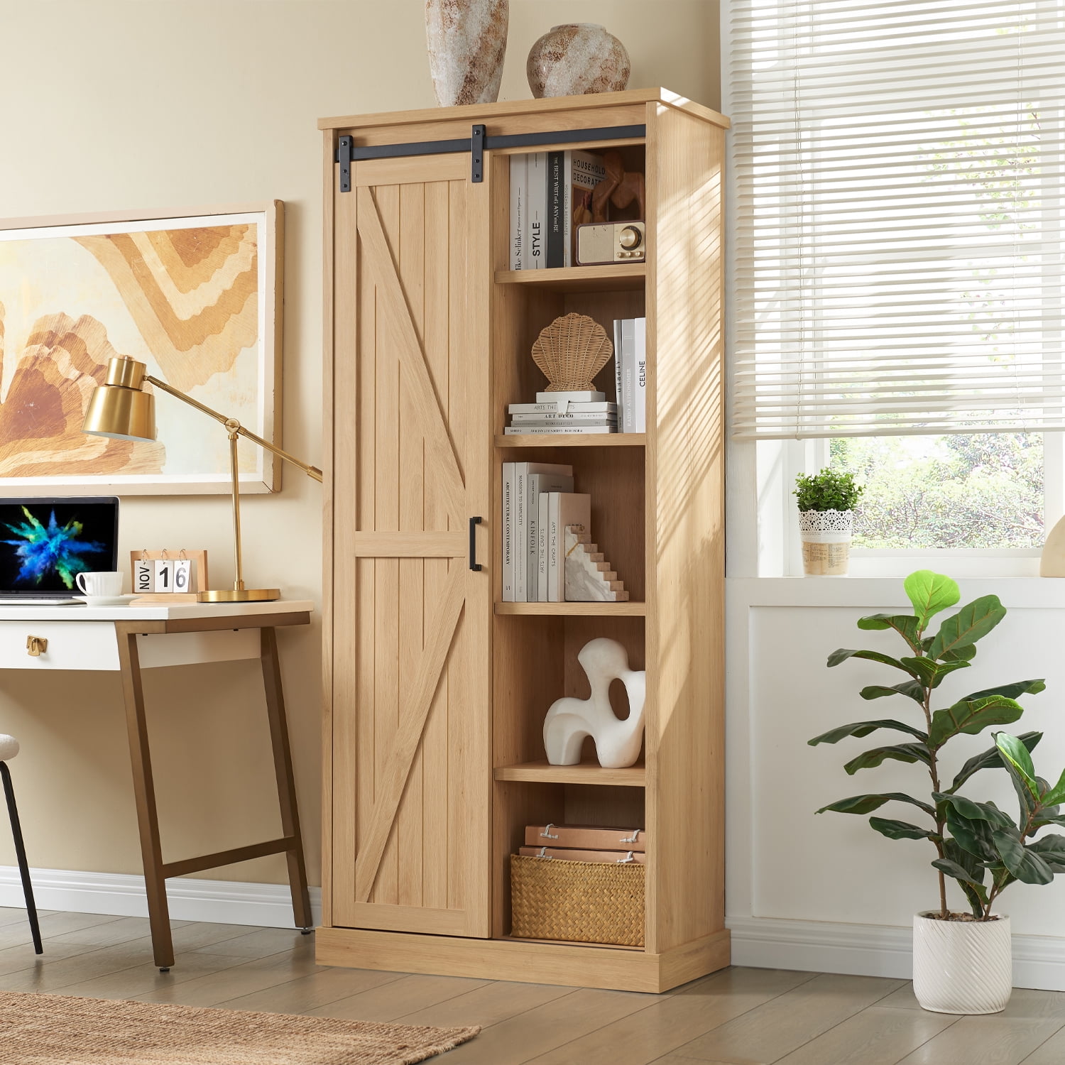 wow97e 5-Shelf Bookcase with Adjustable Shelves and Sliding Barn Door, 72" Tall Farmhouse Bookshelf for Living Room, Office