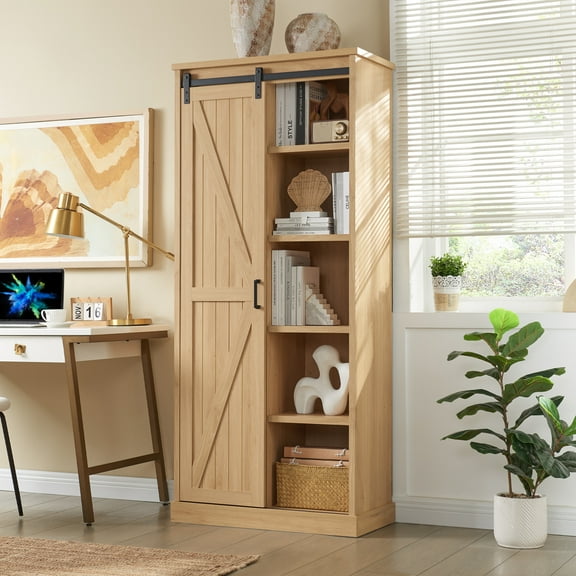 wow97e 5-Shelf Bookcase with Adjustable Shelves and Sliding Barn Door, 72" Tall Farmhouse Bookshelf for Living Room, Office
