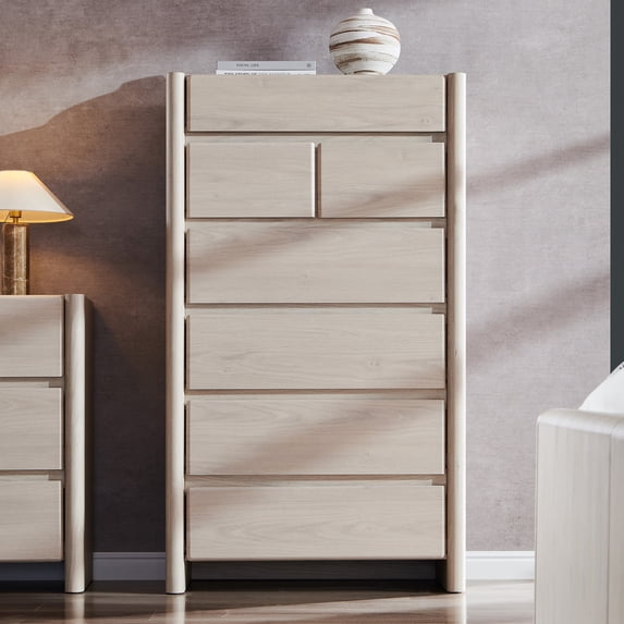 Aitjunz 54.7" Tall Dresser, Modern 7 Dressers & Chests of Drawers for Bedroom, Wood Dresser w/ Rounded Corner & Handless Design for Living Room, Cream