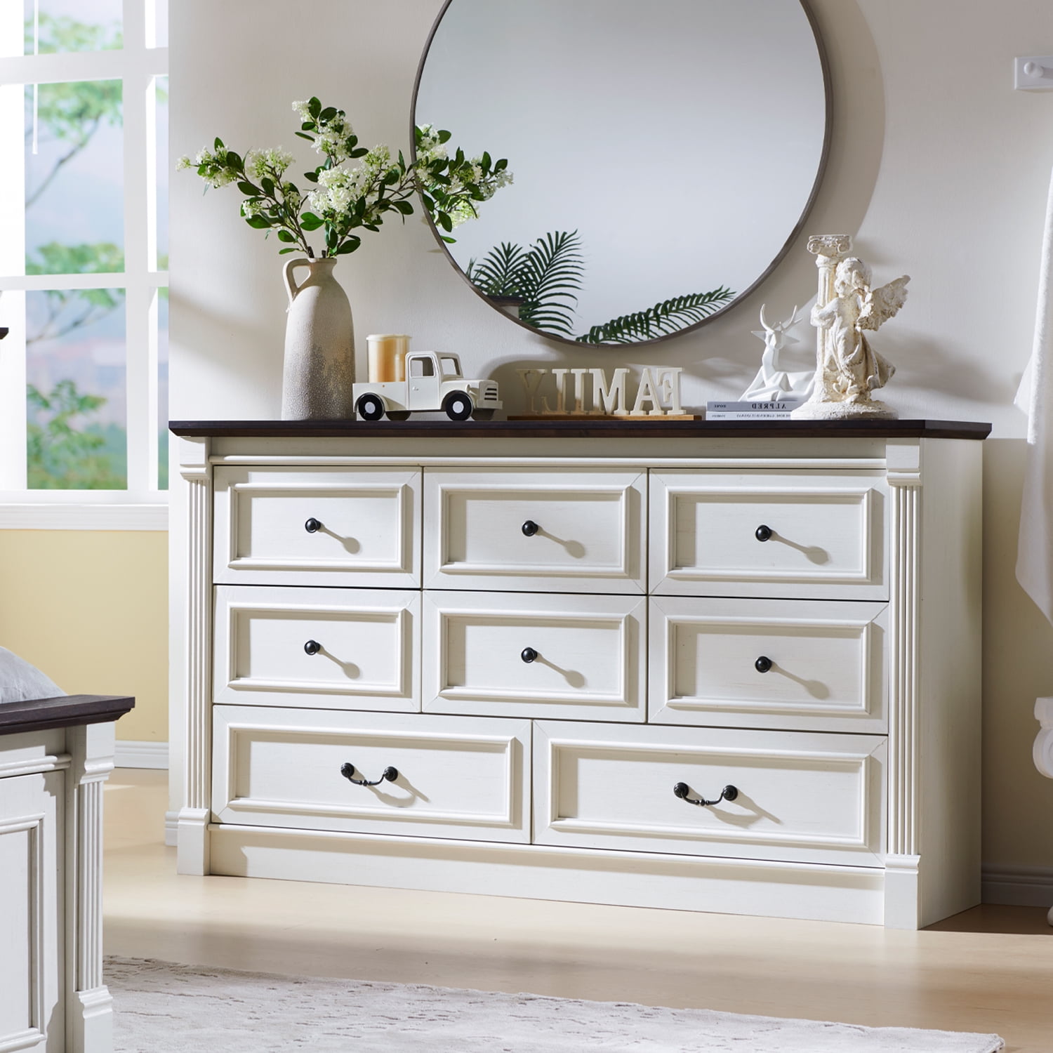 wow97e 8 Drawers Dresser for Bedroom, 61" Wide Farmhouse Wooden Chest of Drawers w/Roman Colum, Storage Dressers for Hallway, Living Room