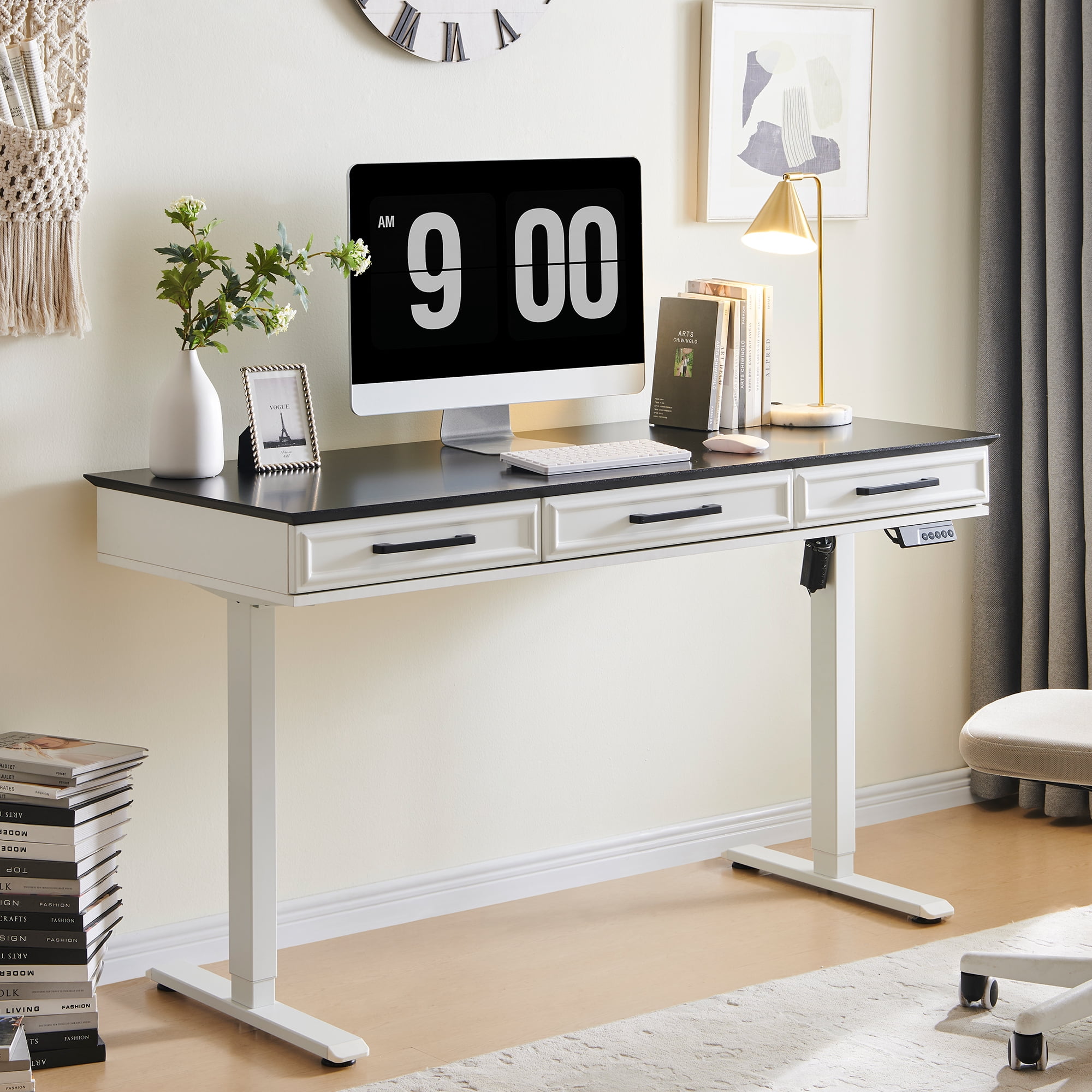 wow97e Electric Standing Desk, 55" x 22" Adjustable Height Office Computer Desk with 3 Storage Drawers, Sit Stand Up Desk with Power Outlets for Study and Home