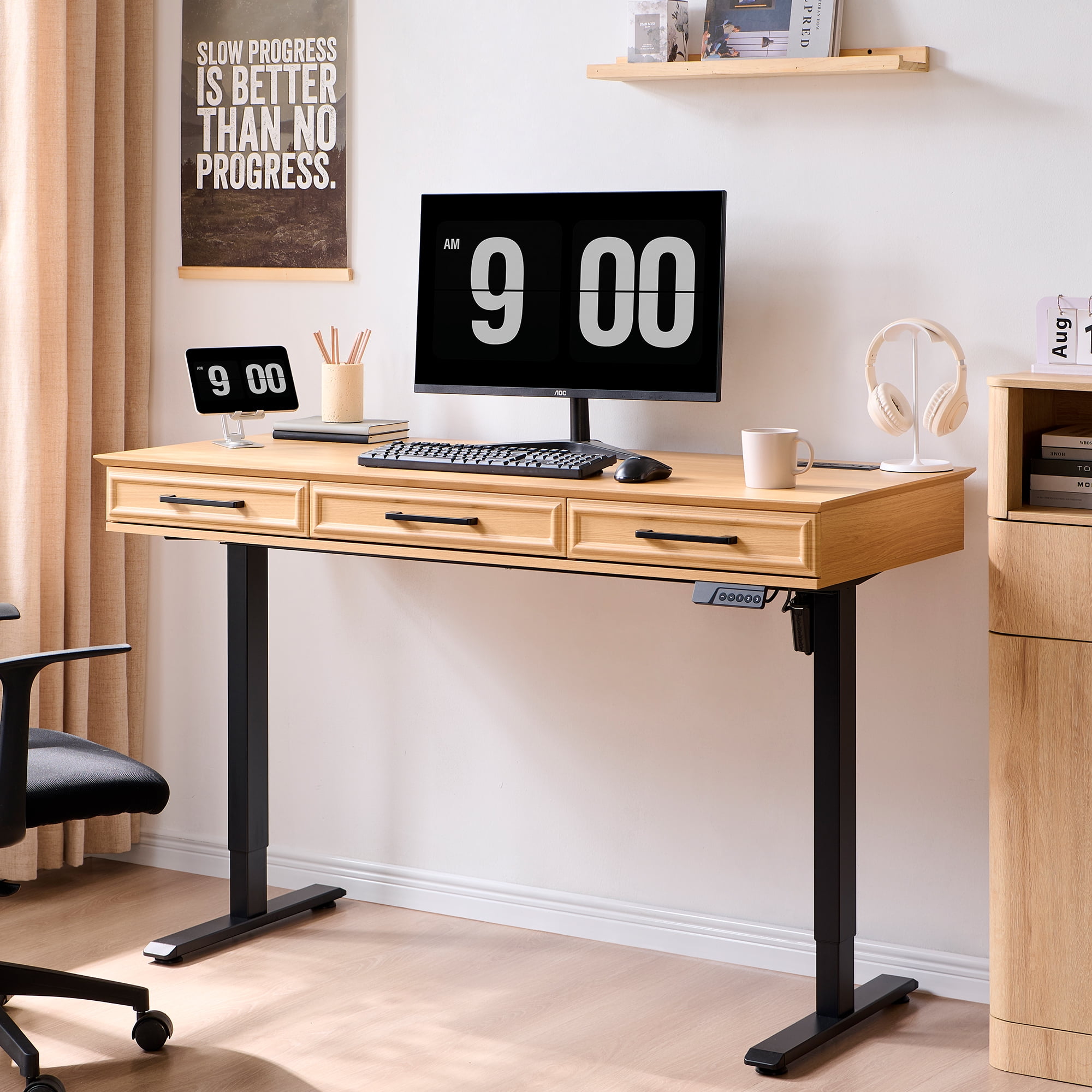 wow97e Electric Standing Desk, 55" x 22" Adjustable Height Office Computer Desk with 3 Storage Drawers, Sit Stand Up Desk with Power Outlets for Study and Home