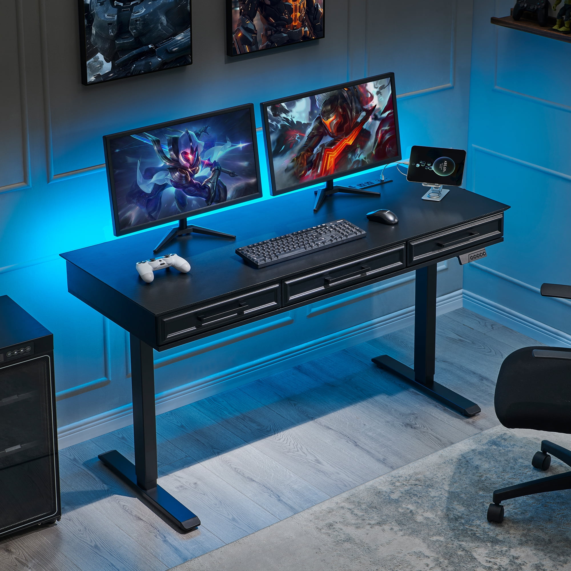 wow97e Electric Standing Desk, 55" x 22" Adjustable Height Office Computer Desk with 3 Storage Drawers, Sit Stand Up Desk with Power Outlets for Study and Home