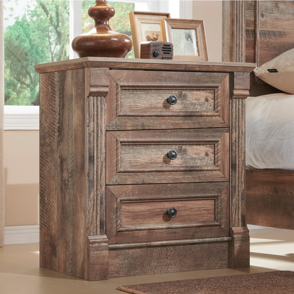 wow97e Farmhouse 26" Tall Nightstand with Charging Station, 3 Drawers Dresser for Bedroom, Wood Rustic End Table w/Roman Column for Bedroom, Living Room
