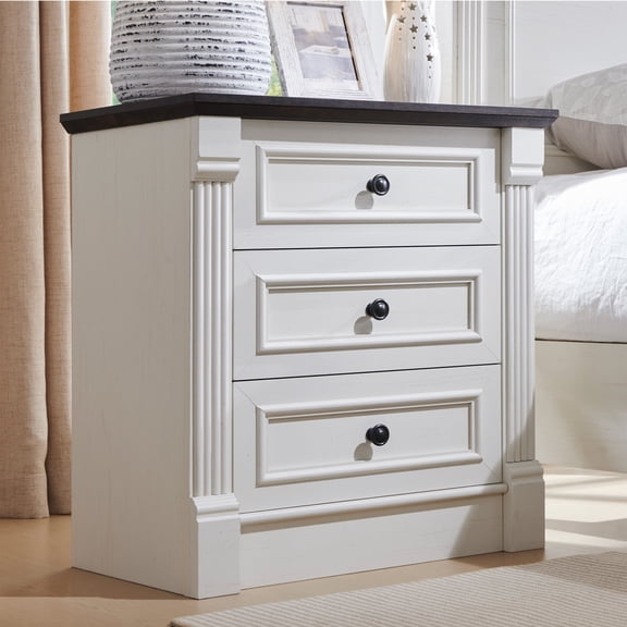 wow97e Farmhouse 26" Tall Nightstand with Charging Station, 3 Drawers Dresser for Bedroom, Wood Rustic End Table w/Roman Column for Bedroom, Living Room