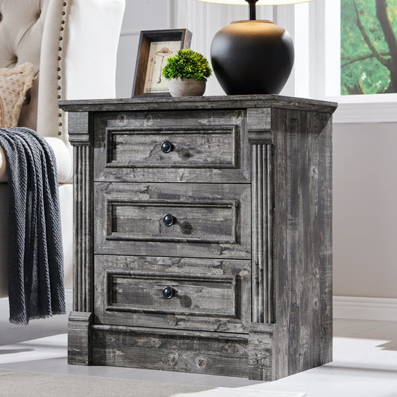 wow97e Farmhouse 3-Drawer Nightstand with Charging Station, Wood End Table with Roman Column for Bedroom, Light Grey