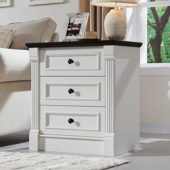 wow97e Farmhouse 3-Drawer Nightstand with Charging Station, Wood End Table with Roman Column for Bedroom, White