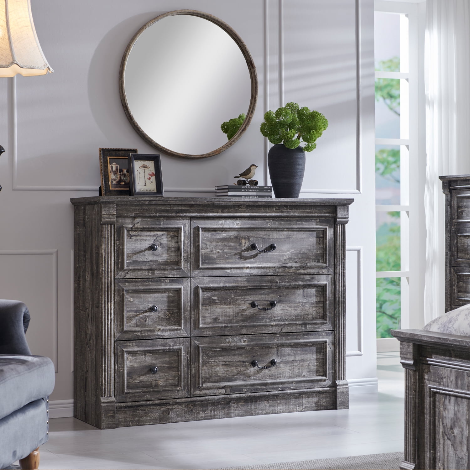 wow97e Farmhouse 6 Drawers Dresser for Bedroom, 48" Wide Wooden Chest of Drawers w/Roman Column, Storage Dressers for Hallway, Living Room