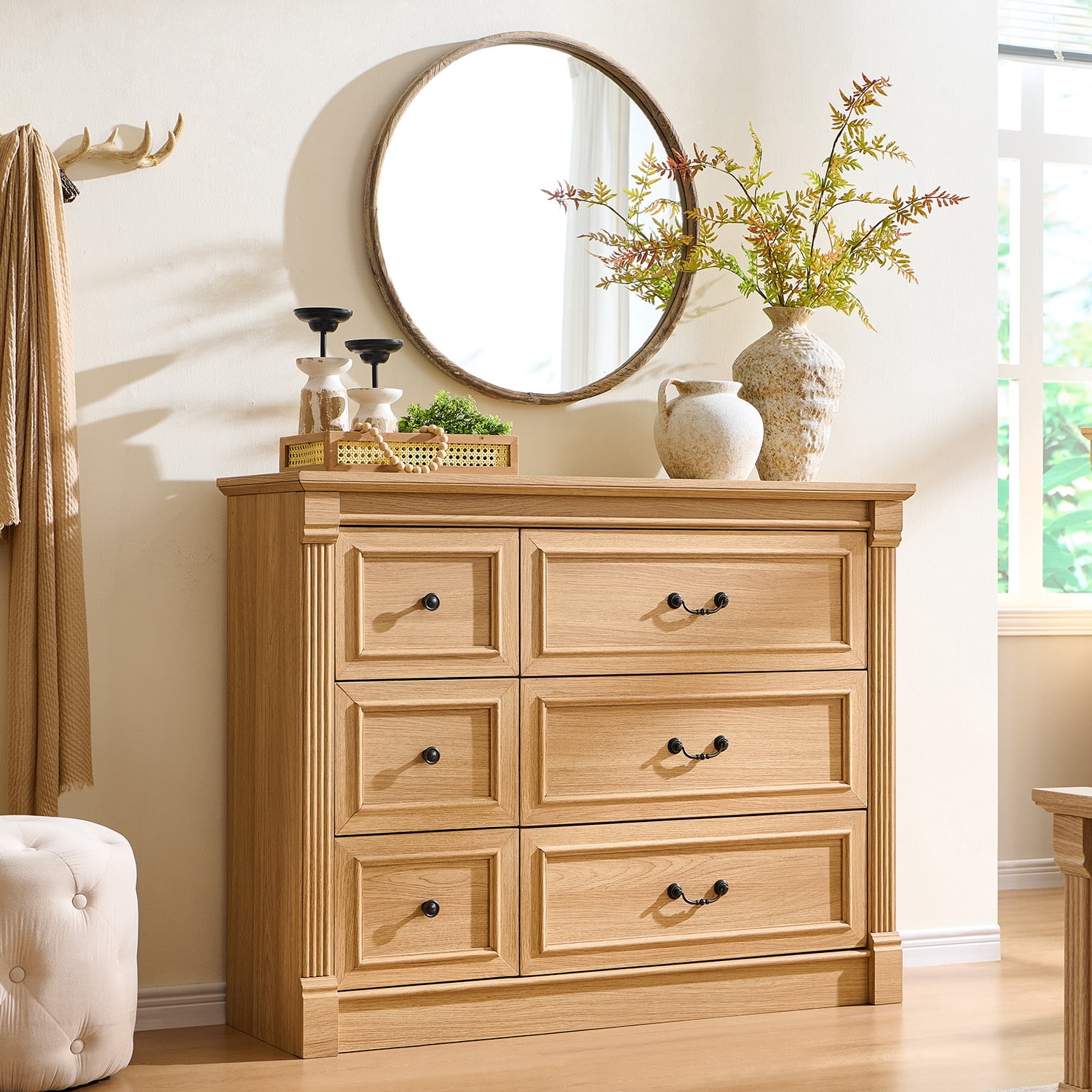 wow97e Farmhouse 6 Drawers Dresser for Bedroom, 48" Wide Wooden Chest of Drawers w/Roman Column, Storage Dressers for Hallway, Living Room