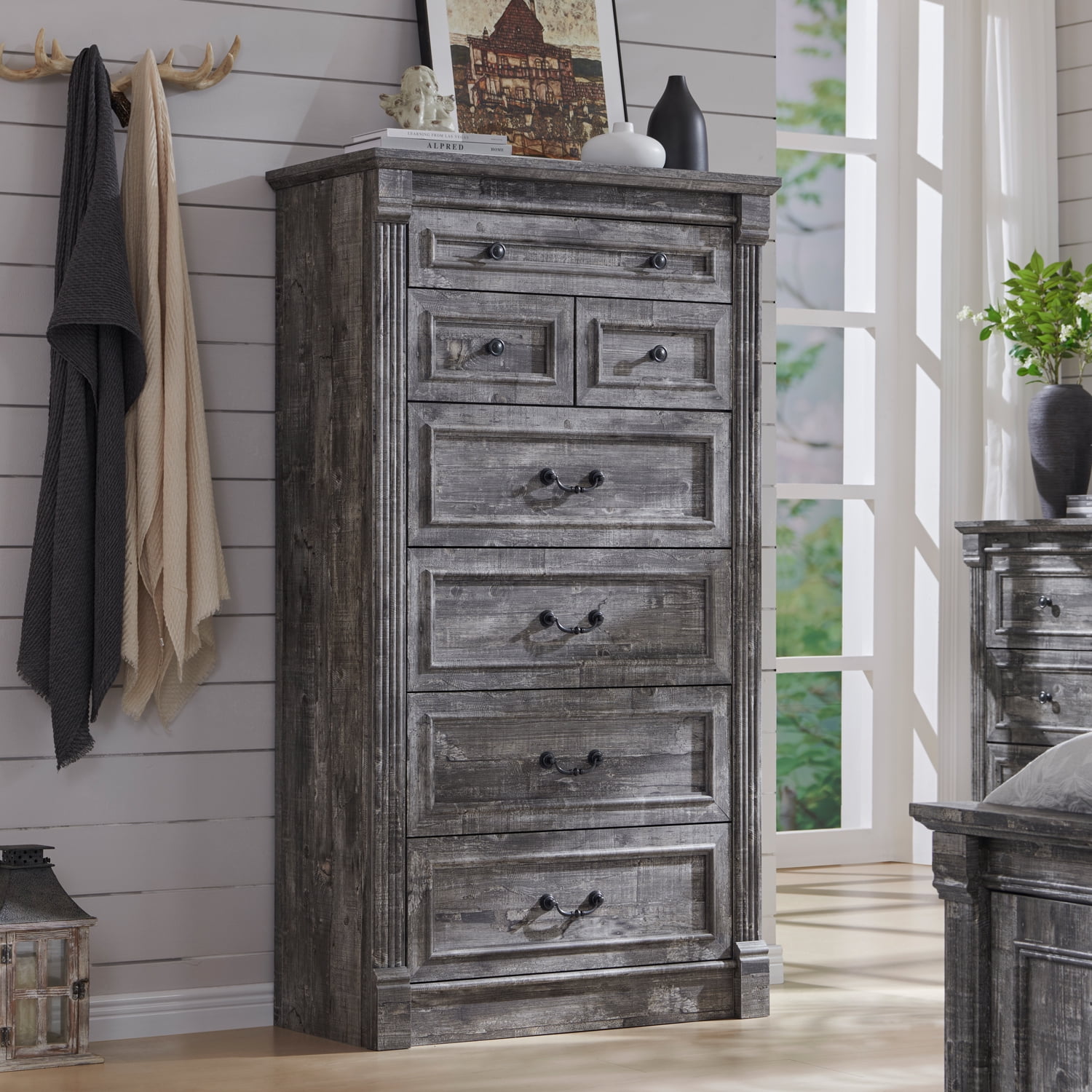 wow97e Farmhouse 7 Drawers Dresser for Bedroom, 57" Tall Wooden Chest of Drawers w/Roman Column, Storage Dressers for Hallway, Living Room