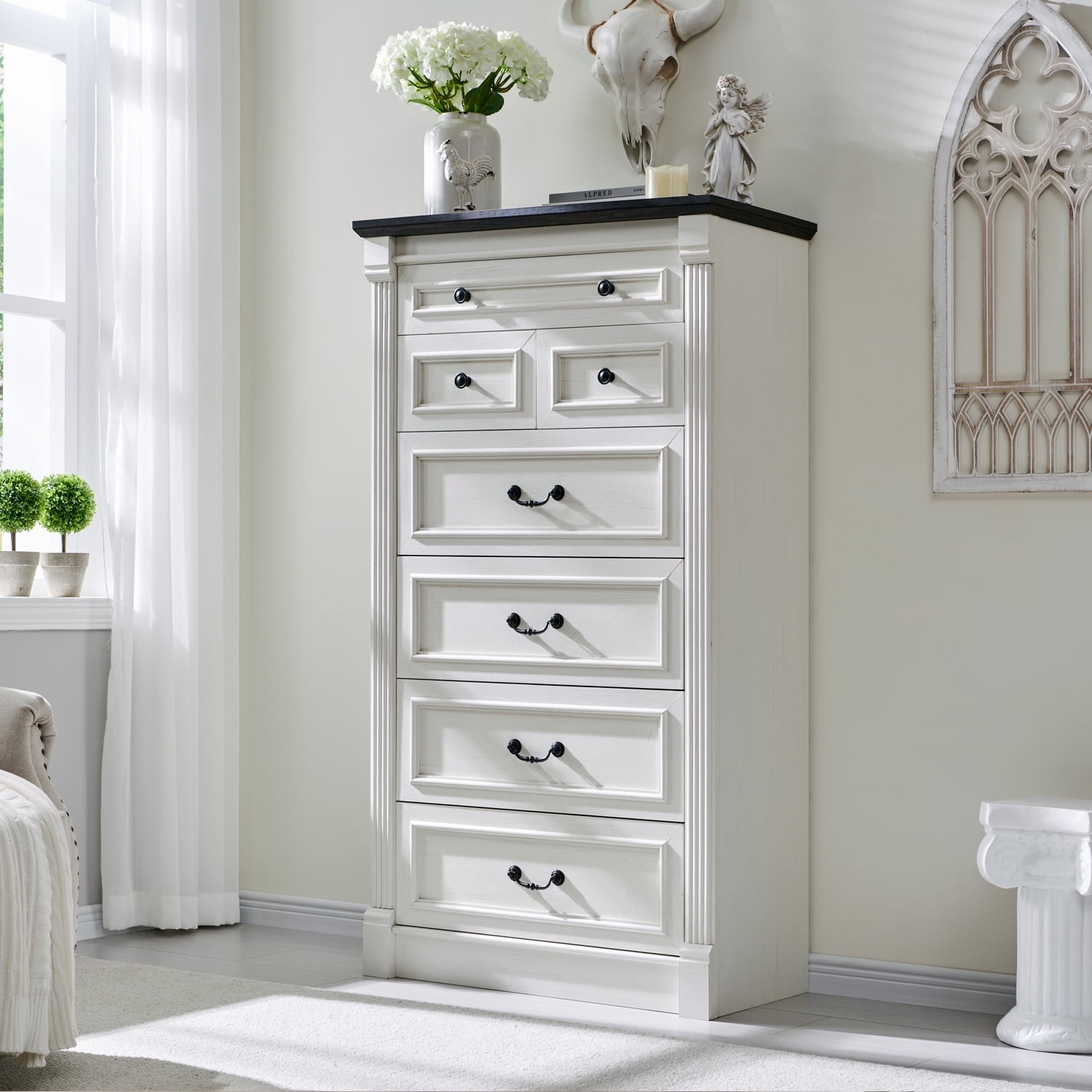 wow97e Farmhouse 7 Drawers Dresser for Bedroom, 57" Tall Wooden Chest of Drawers w/Roman Column, Storage Dressers for Hallway, Living Room