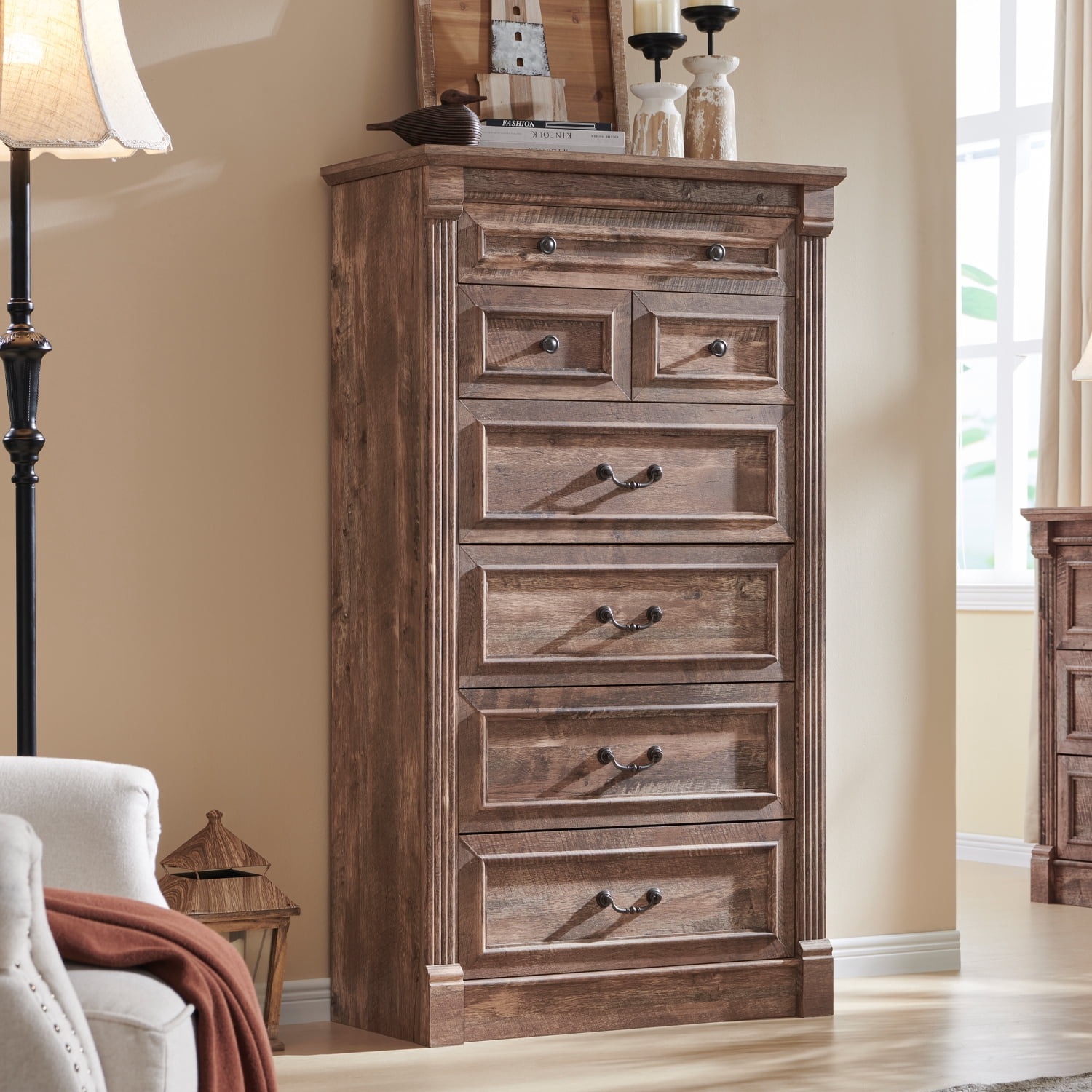 wow97e Farmhouse 7 Drawers Dresser for Bedroom, 57" Tall Wooden Chest of Drawers w/Roman Column, Storage Dressers for Hallway, Living Room