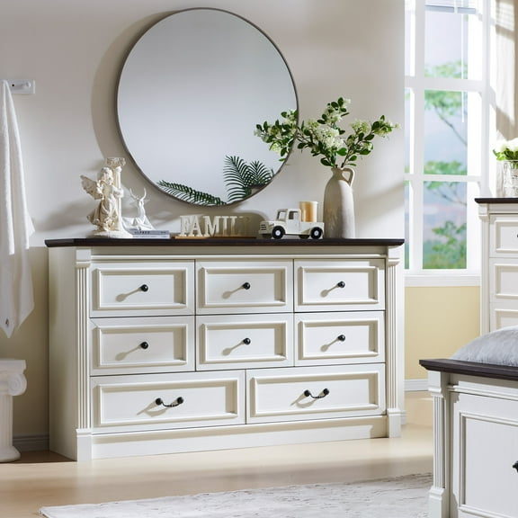 wow97e Farmhouse 8 Drawers Dresser for Bedroom, 61" Wide Wooden Chest of Drawers w/Roman Column, Storage Dressers for Bedroom, Living Room, White