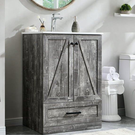wow97e Farmhouse Bathroom Vanity with Sink Combo, 24" Bathroom Storage Vanity Sink Cabinet with Barn Door, Large Storage Drawer, Soft Closing & Metal Handle