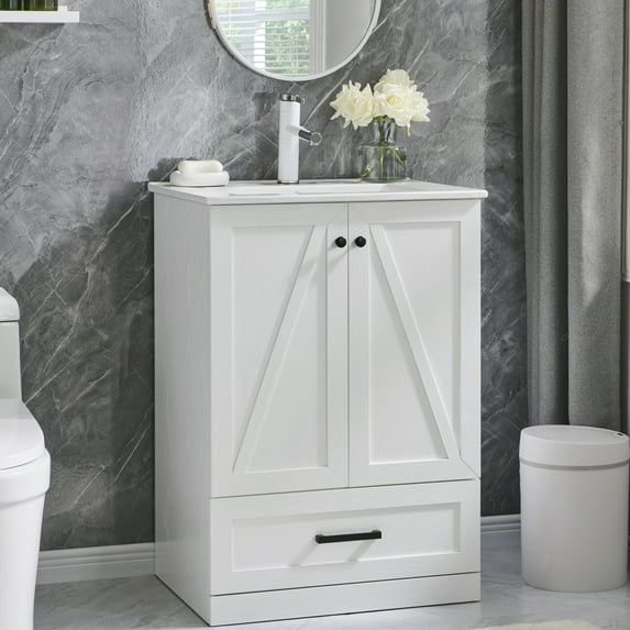 wow97e Farmhouse Bathroom Vanity with Sink Combo, 24" Bathroom Storage Vanity Sink Cabinet with Barn Door, Large Storage Drawer, Soft Closing & Metal Handle
