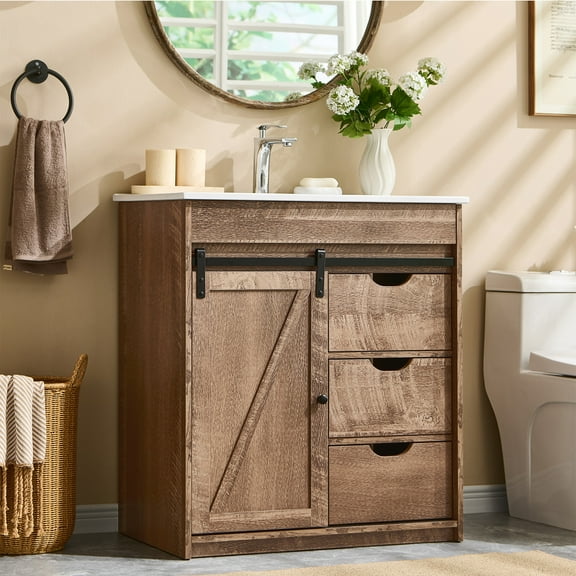 wow97e Farmhouse Bathroom Vanity with Sink, 24" Freestanding Bathroom Vanity Cabinet with Sliding Barn Door, 3 Storage Drawers & Adjustable Shelves