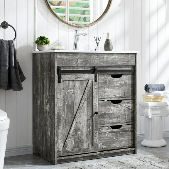 wow97e Farmhouse Bathroom Vanity with Sink, 24" Freestanding Bathroom Vanity Cabinet with Sliding Barn Door, 3 Storage Drawers & Adjustable Shelves