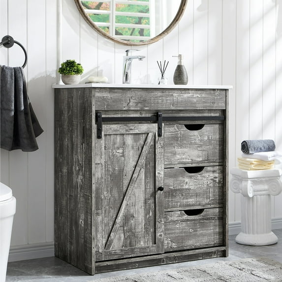 wow97e Farmhouse Bathroom Vanity with Sink, 24" Freestanding Bathroom Vanity Cabinet with Sliding Barn Door, 3 Storage Drawers & Adjustable Shelves
