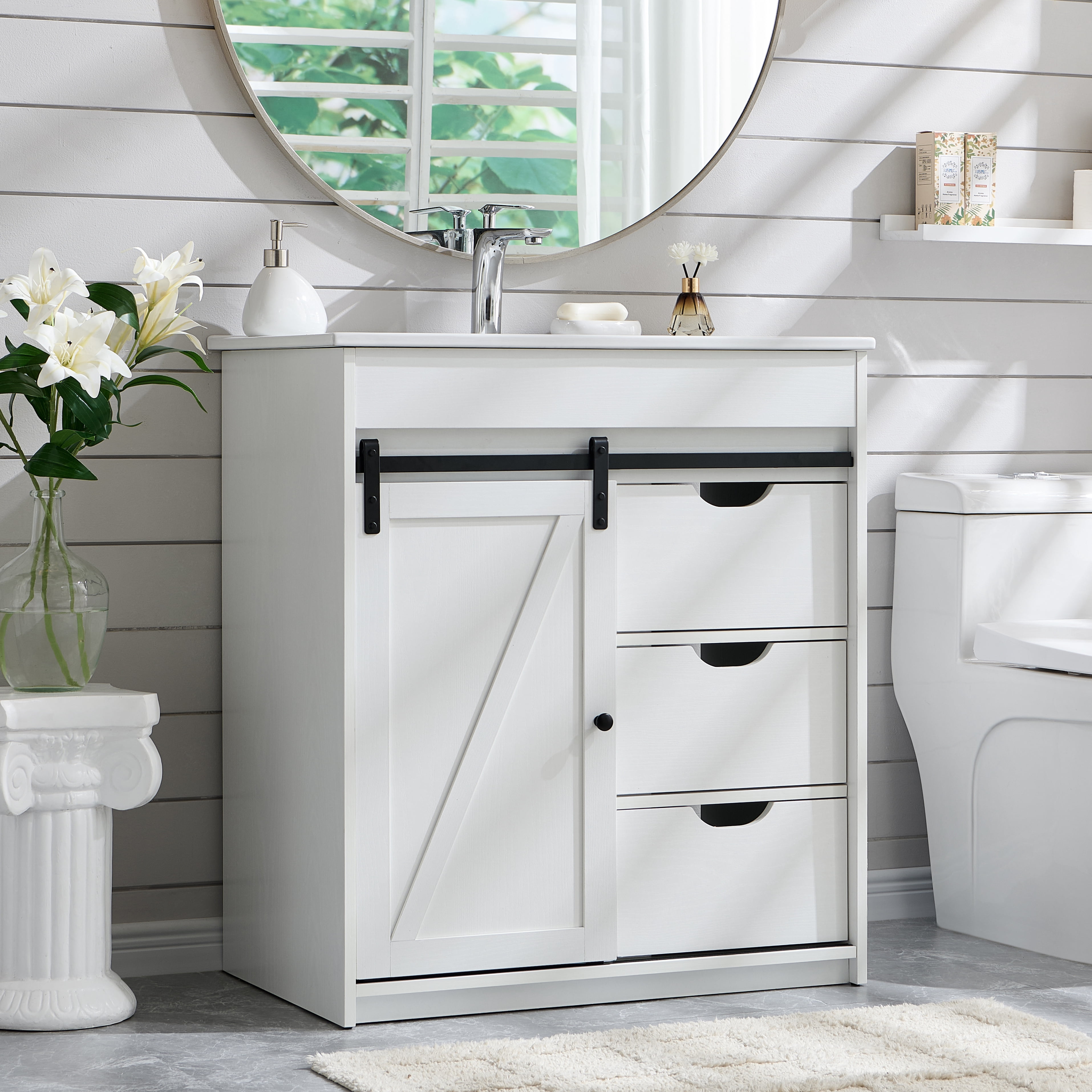wow97e Farmhouse Bathroom Vanity with Sink, 24" Freestanding Bathroom Vanity Cabinet with Sliding Barn Door, 3 Storage Drawers & Adjustable Shelves