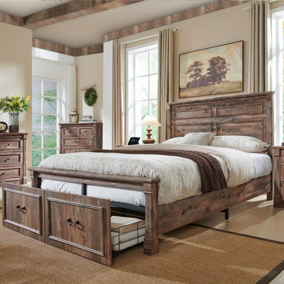 wow97e Farmhouse Full Size Bed Framewith 51" Tall Headboard & 20" Roman Column Footboard, Wood Platform Frame with 2 Large Storage Drawers, No Box Spring Needed