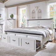Aitjunz Farmhouse King Size Bed Framewith 51" Tall Headboard & 20" Roman Column Footboard, Wood Platform Frame with 3 Large Storage Drawers, No Box Spring Needed