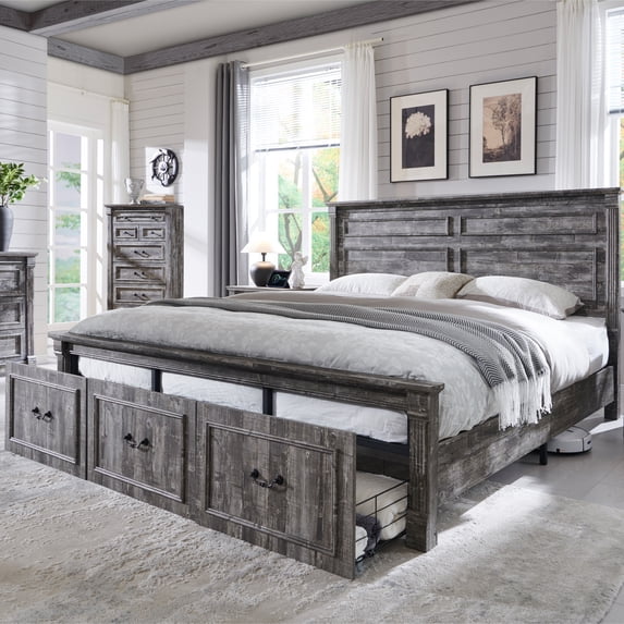 Aitjunz Farmhouse King Size Bed Framewith 51" Tall Headboard & 20" Roman Column Footboard, Wood Platform Frame with 3 Large Storage Drawers, No Box Spring Needed