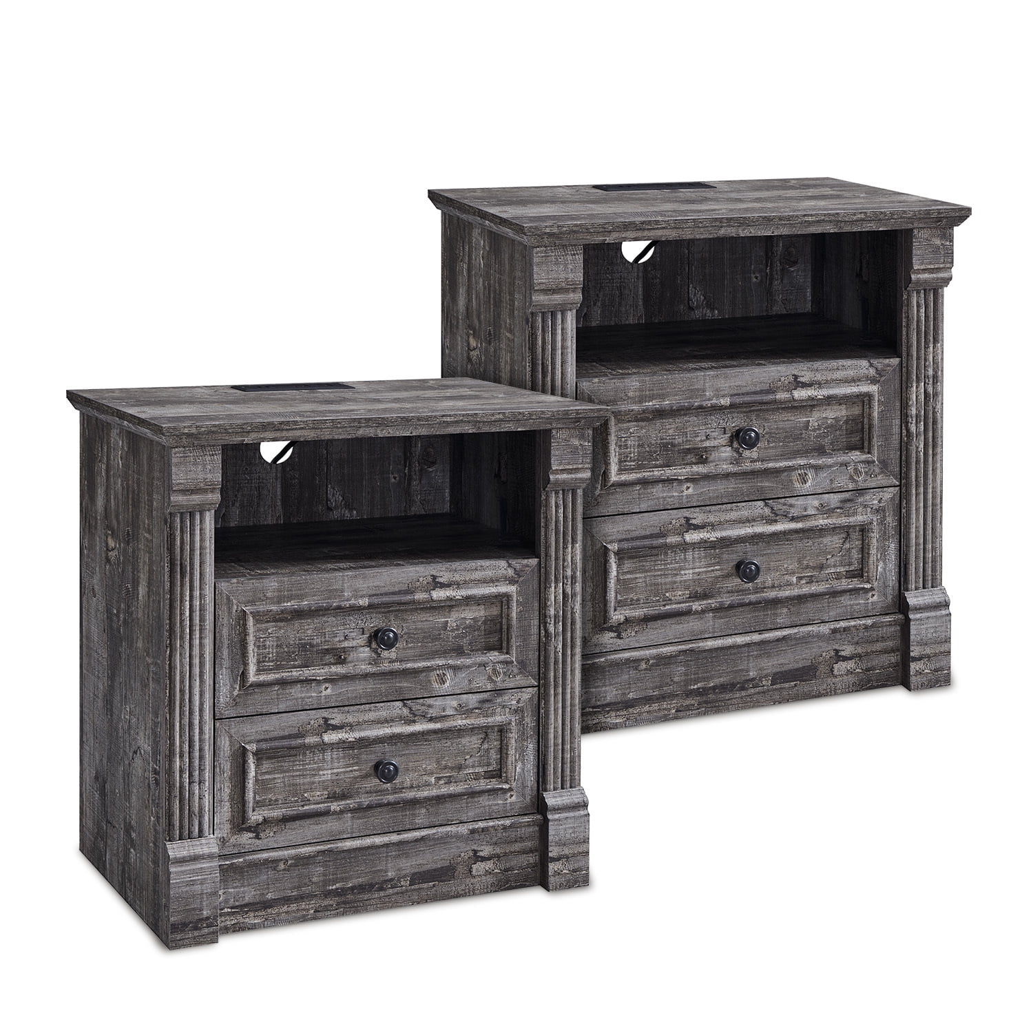 wow97e Farmhouse Nightstand set of 2, End Table w/Charging Station, Roman Column, Wood Rustic Bedside Table w/Open Shlef for Bedroom