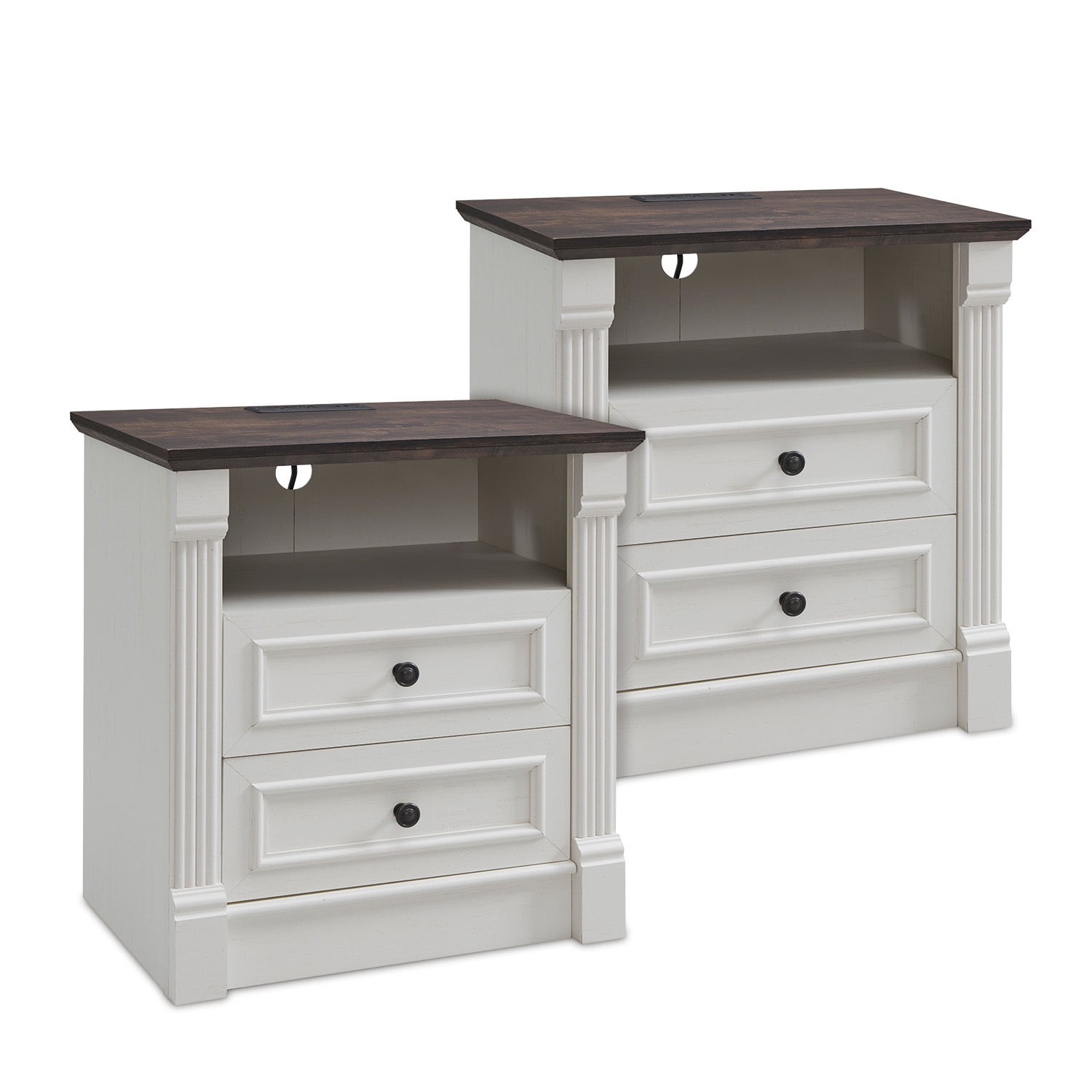wow97e Farmhouse Nightstand set of 2, End Table w/Charging Station, Roman Column, Wood Rustic Bedside Table w/Open Shlef for Bedroom