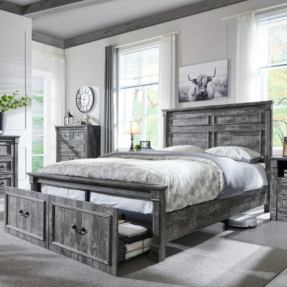 wow97e Farmhouse Queen Size Bed Framewith 51" Tall Headboard & 20" Roman Column Footboard, Wood Platform Frame with 2 Large Storage Drawers, No Box Spring Needed