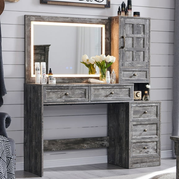 wow97e Farmhouse Vanity Desk with Touch Screen LED Mirror, Makeup Vanity Desk with Charging Station, 6 Drawers, Glass Top, Rustic Wood Dressing Table for Bedroom