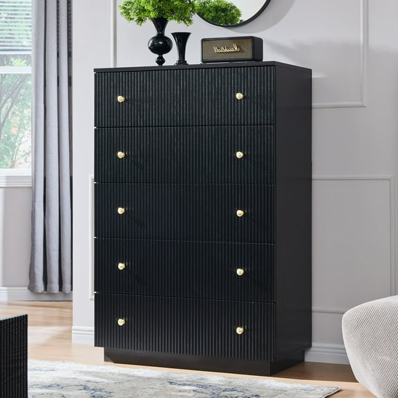 wow97e Fluted 5 Drawers Dresser, Wood Tall Chest of Drawers with Deep Storage, Modern Bedroom Chest for Closet Hallway, Entryway, Living Room