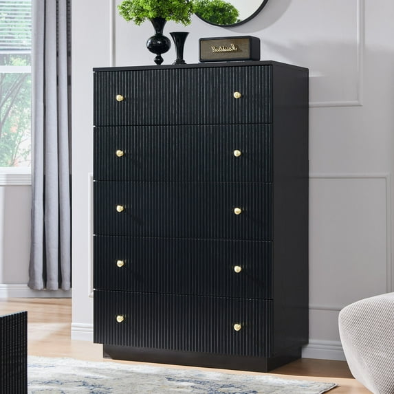 wow97e Fluted 5 Drawers Dresser, Wood Tall Chest of Drawers with Deep Storage, Modern Bedroom Chest for Closet Hallway, Entryway, Living Room