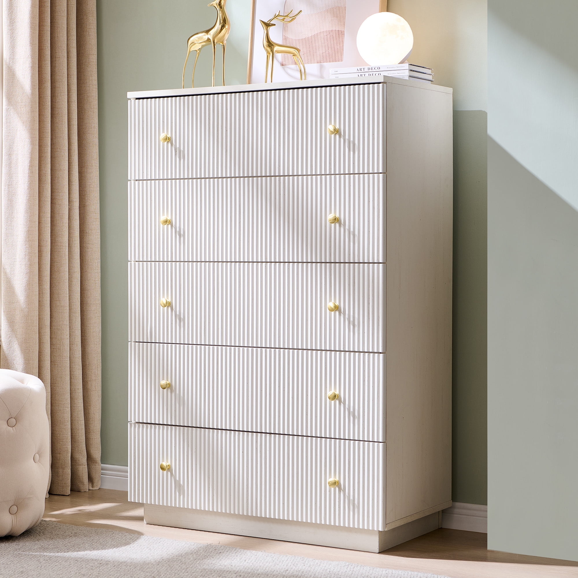 wow97e Fluted 5 Drawers Dresser, Wood Tall Chest of Drawers with Deep Storage, Modern Bedroom Chest for Closet Hallway, Entryway, Living Room