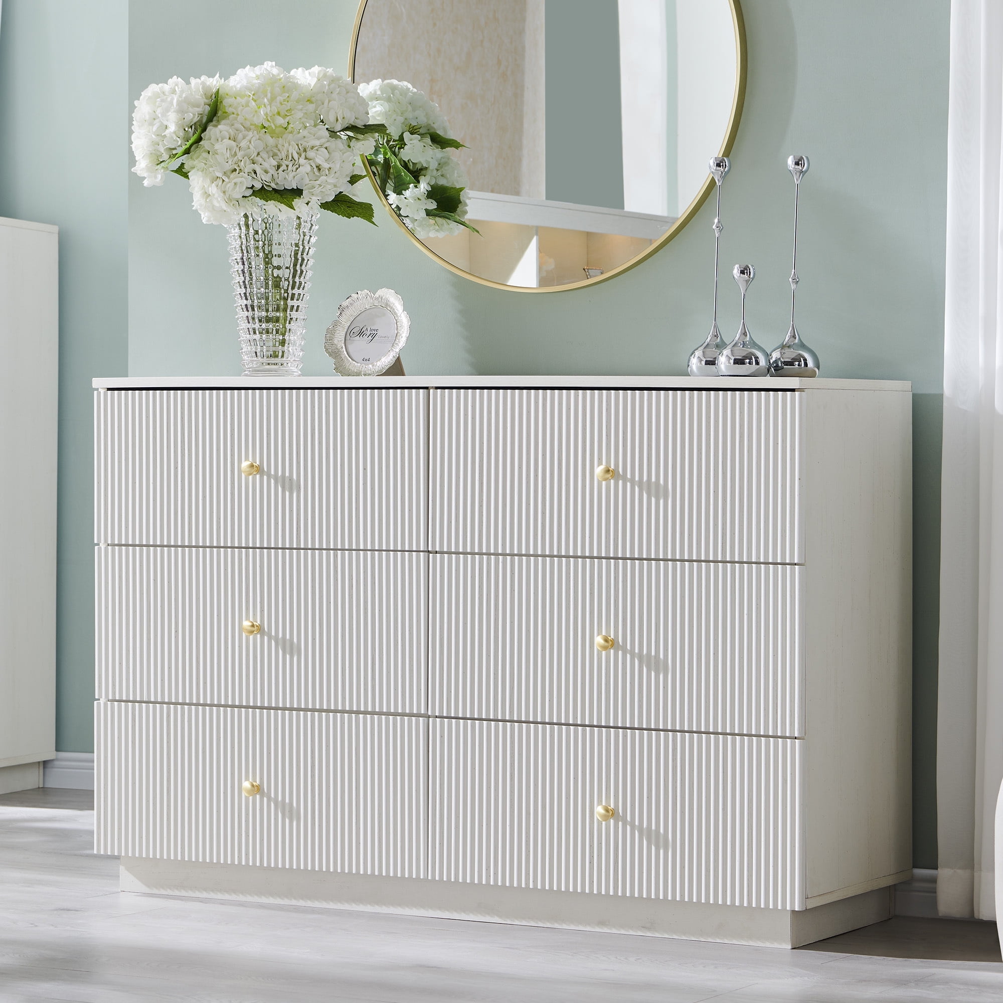 wow97e Fluted 6 Drawers Dresser, Wood 47" Tall Chest of Drawers with Deep Storage, Modern Bedroom Chest for Closet Hallway, Entryway, Living Room