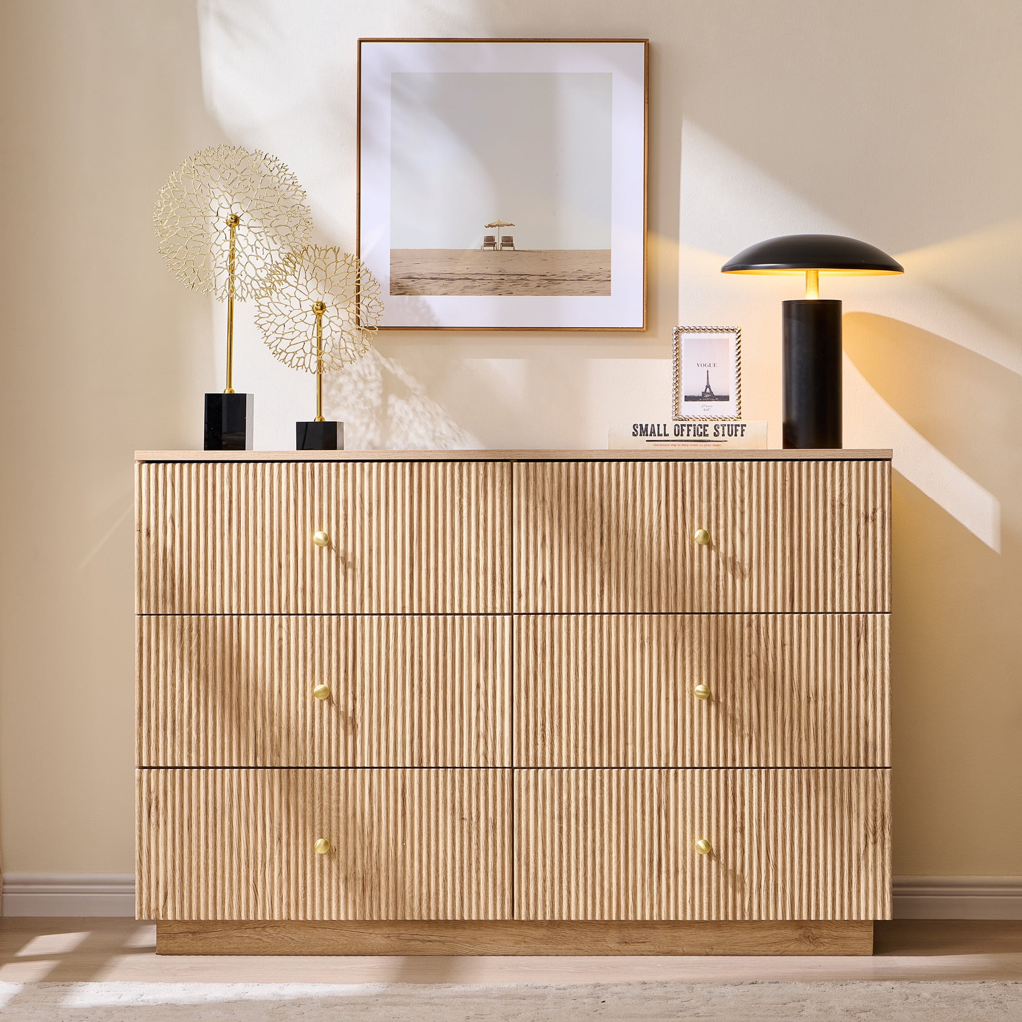 wow97e Fluted 6 Drawers Dresser for bedroom, Wood Chest of Drawers with Deep Storage, Tall Modern Bedroom Chest for Closet Hallway, Entryway, Living Room