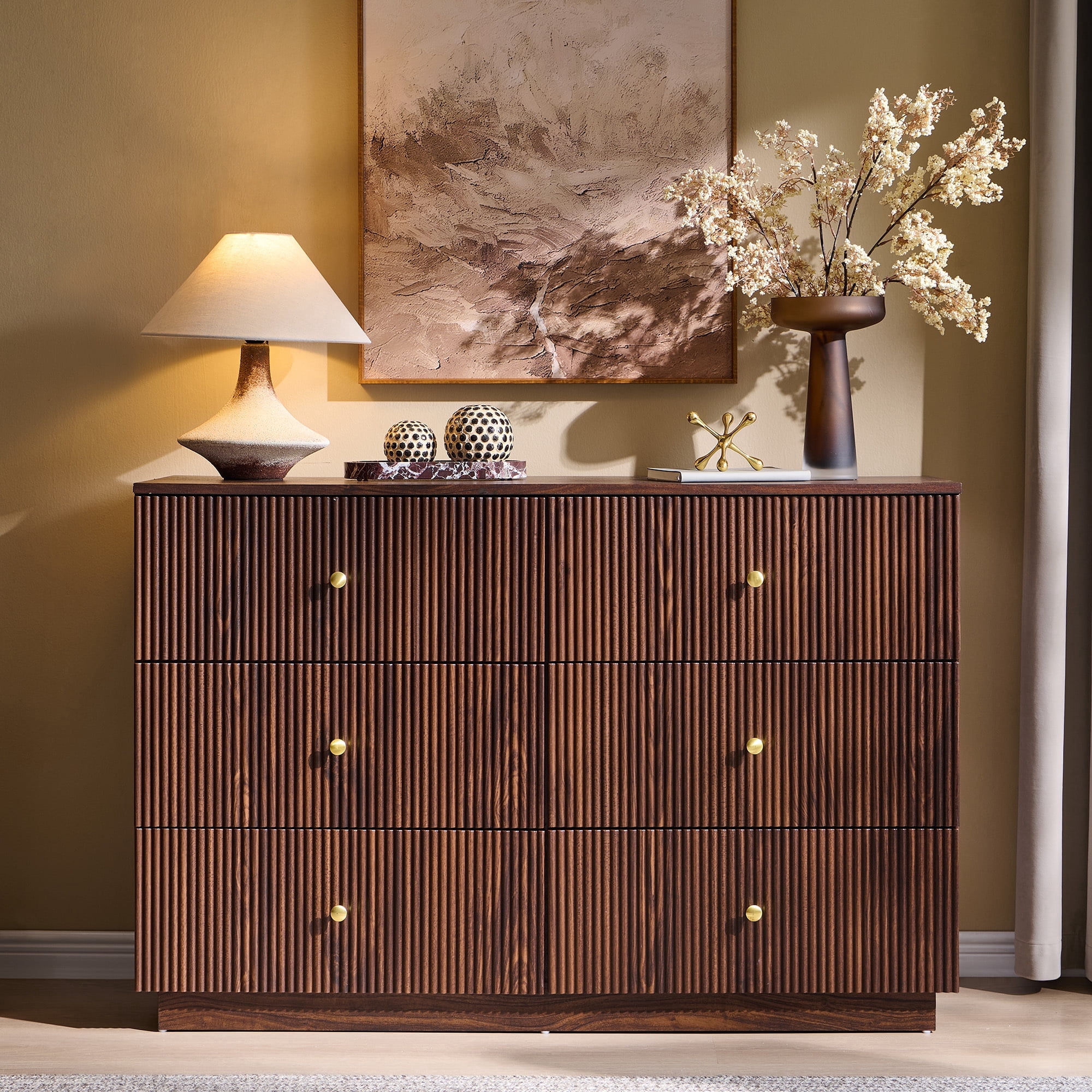 Aitjunz Fluted 6 Drawers Dresser for bedroom, Wood Chest of Drawers with Deep Storage, Tall Modern Bedroom Chest for Closet Hallway, Entryway, Living Room