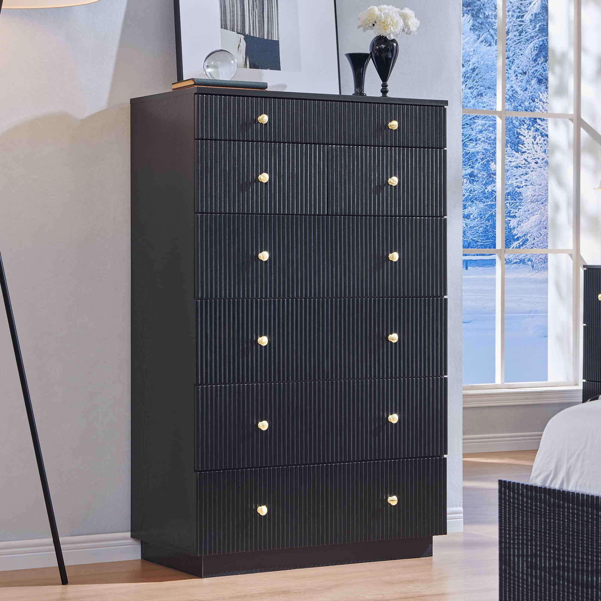 wow97e Fluted 7 Drawers Dresser for bedroom, Wood Chest of Drawers with Deep Storage, Tall Modern Bedroom Chest for Closet Hallway, Entryway, Living Room
