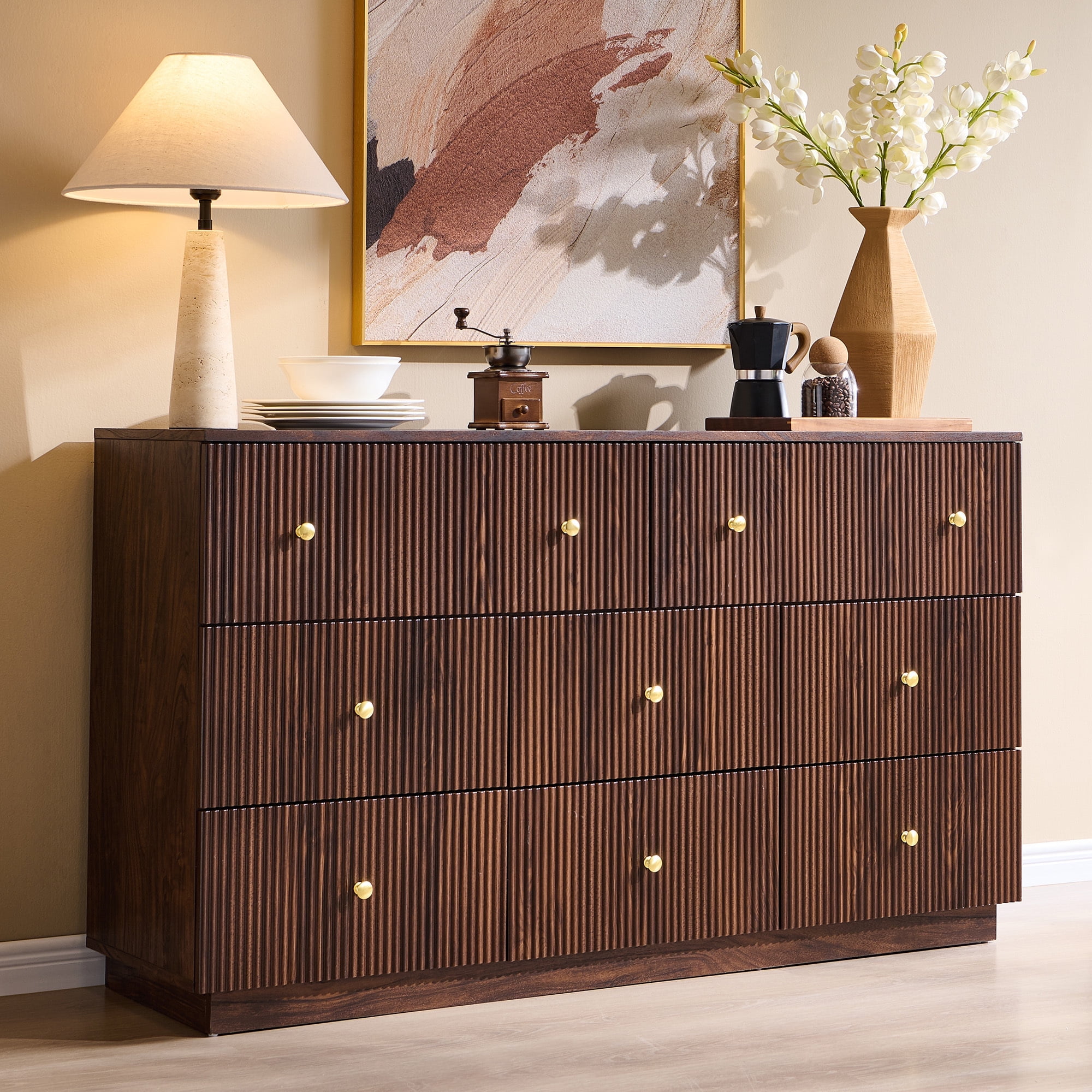 wow97e Fluted 8 Drawers Dresser, 55" W Modern Chest of Drawers with Deep Storage, Wood Tall Dresser Storage Organizer for Bedroom, Living Room, Hallway