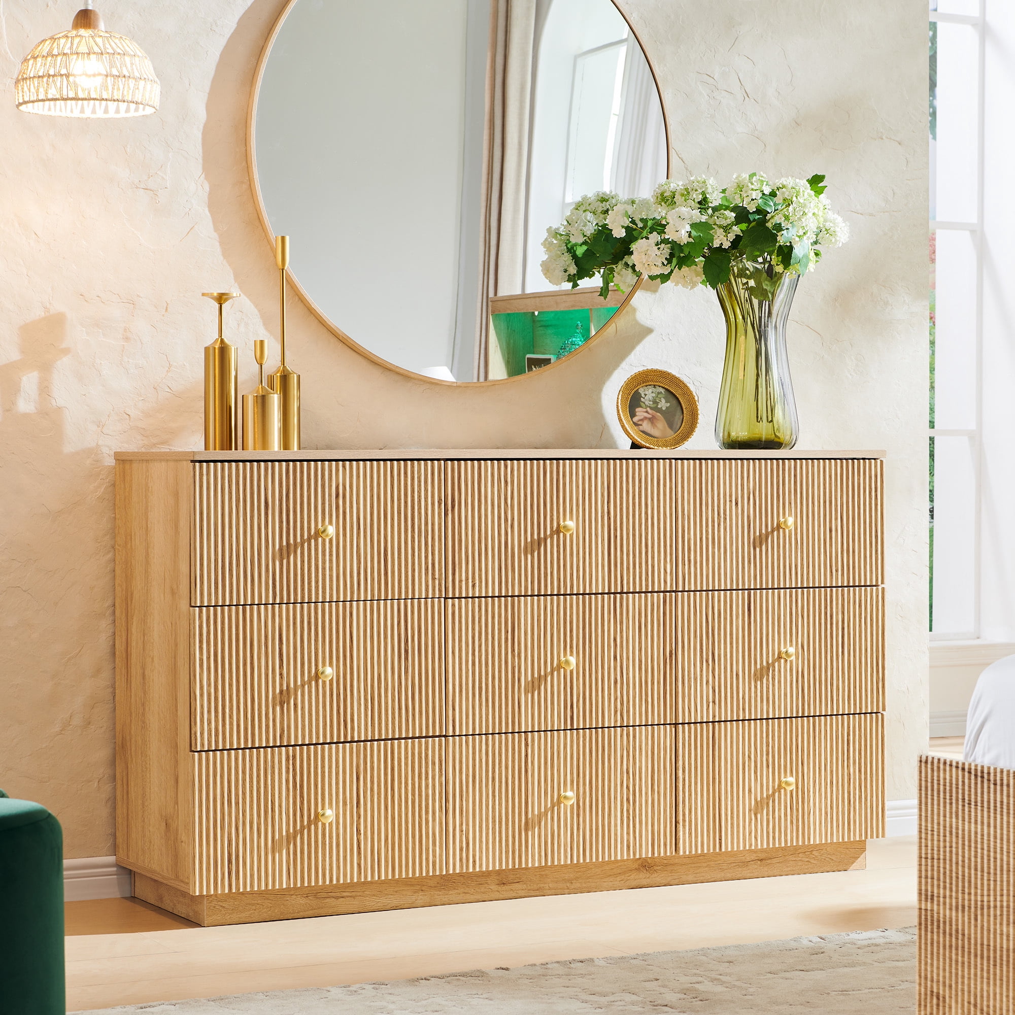 Modern 6-Drawer Dresser 55-Inch, Wood Chest Of Drawers With Curved Corners, Mid-Century Storage For Bedroom