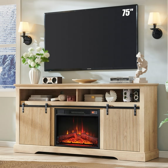 wow97e Fluted Fireplace TV Stand for TVs Up to 75 Inch with 23" Electric Fireplace, Modern Entertainment Center w/Waveform Panel Sliding Door & Adjustable Shelves for Living Room