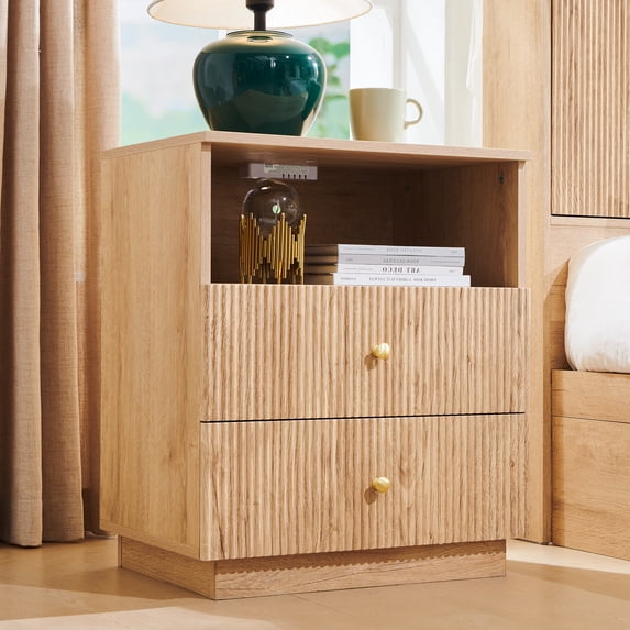 wow97e Fluted Nightstand, Modern Bed Side Table with Charging Station, Wooden Wide End Table w/2 Drawers for Bedroom and Living Room