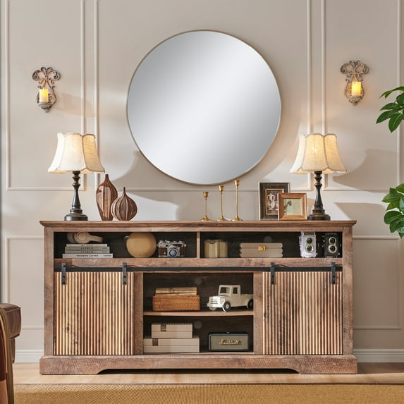 wow97e Fluted TV Stand for 75 Inch TVs, Modern Entertainment Center with Waveform Panel Sliding Door, Adjustable Shelf, for Living Room, 66 inch