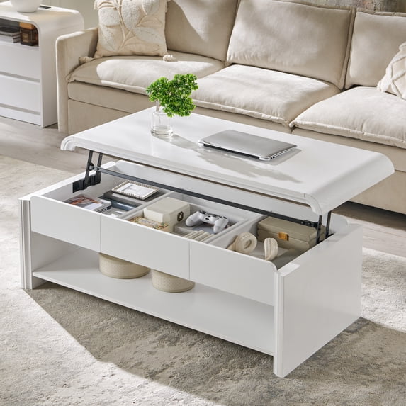 wow97e Lift Top Coffee Table with Storage, Modern Rectangle Center Table with Hidden Compartment and Open Shelf, Curved Profile Design, Wooden Coffee Table for Living Room